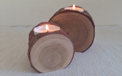 Pine log rustic bark tealight candle holder 2 piece