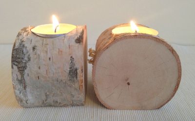 Birch log tealight candle holder rustic bark 2 piece