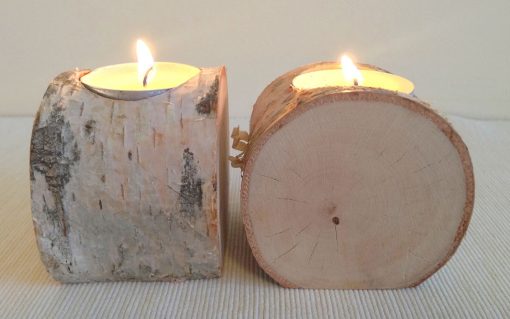 Birch log tealight candle holder rustic bark 2 piece