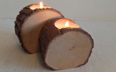 Hardwood log tealight candle holder rusitc bark 2 piece