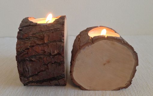 Hardwood log tealight candle holder rusitc bark 2 piece - Image 2