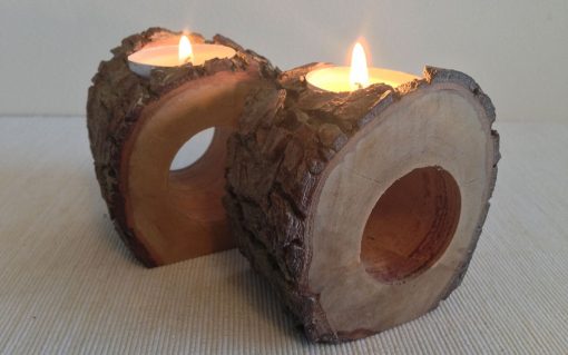Hardwood log rustic bark hollow centre tealight candle holder 2 piece - Image 2