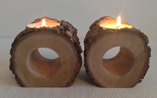 Hardwood log rustic bark hollow centre tealight candle holder 2 piece - Image 3
