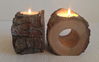 Hardwood log rustic bark hollow centre tealight candle holder 2 piece