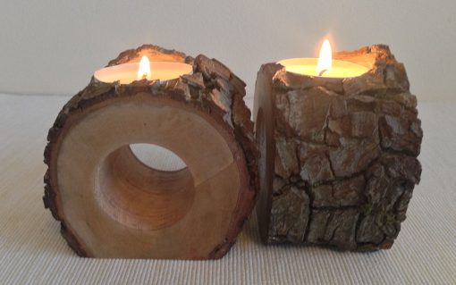 Hardwood log rustic bark hollow centre tealight candle holder 2 piece - Image 5
