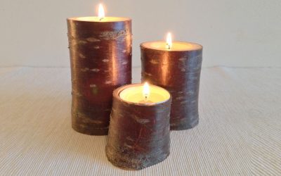 Cherry wood tealight pillar candle holder rustic bark 3 piece