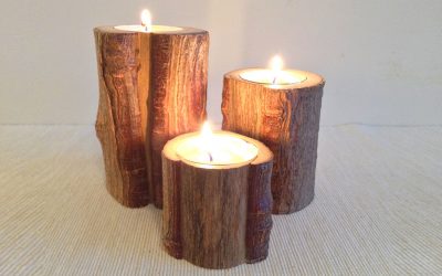 Hardwood pillar tealight candle holder rustic bark 3 piece