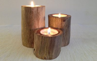 Yew wood pillar tealight candle holder 3 piece