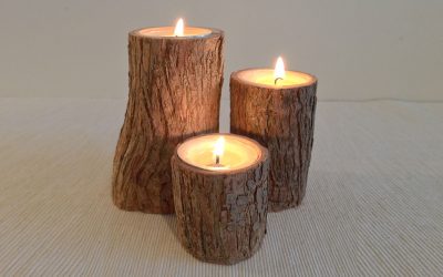 Soft wood pillar rustic bark tealight candle holder 3 piece