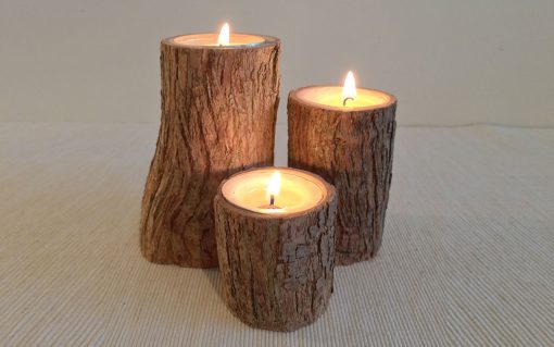 Soft wood pillar rustic bark tealight candle holder 3 piece