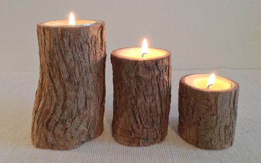 Soft wood pillar rustic bark tealight candle holder 3 piece - Image 2