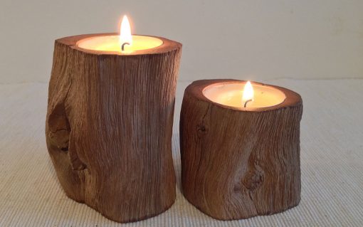 Oak pillar rustic wood tealight candle holder 2 piece